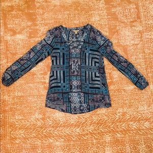 Blue and White Lucky Brand Top with Lace V-Neck